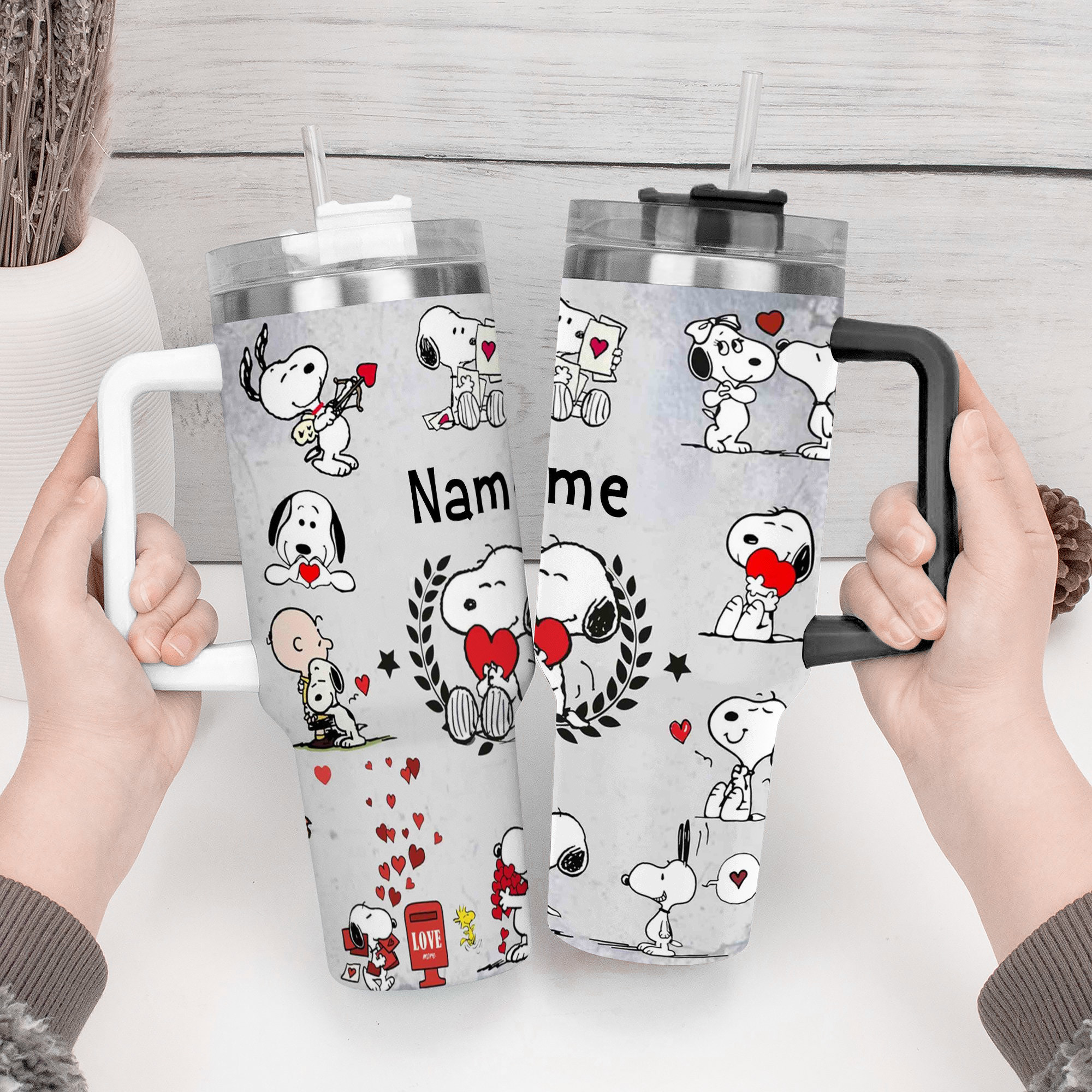 Custom Snoopy Love Tumbler with Straw - Personalized Name Gift - Image 3
