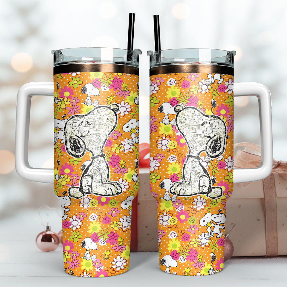 Charming Snoopy Floral Insulated Tumbler with Handle & Straw - 40oz - Image 2