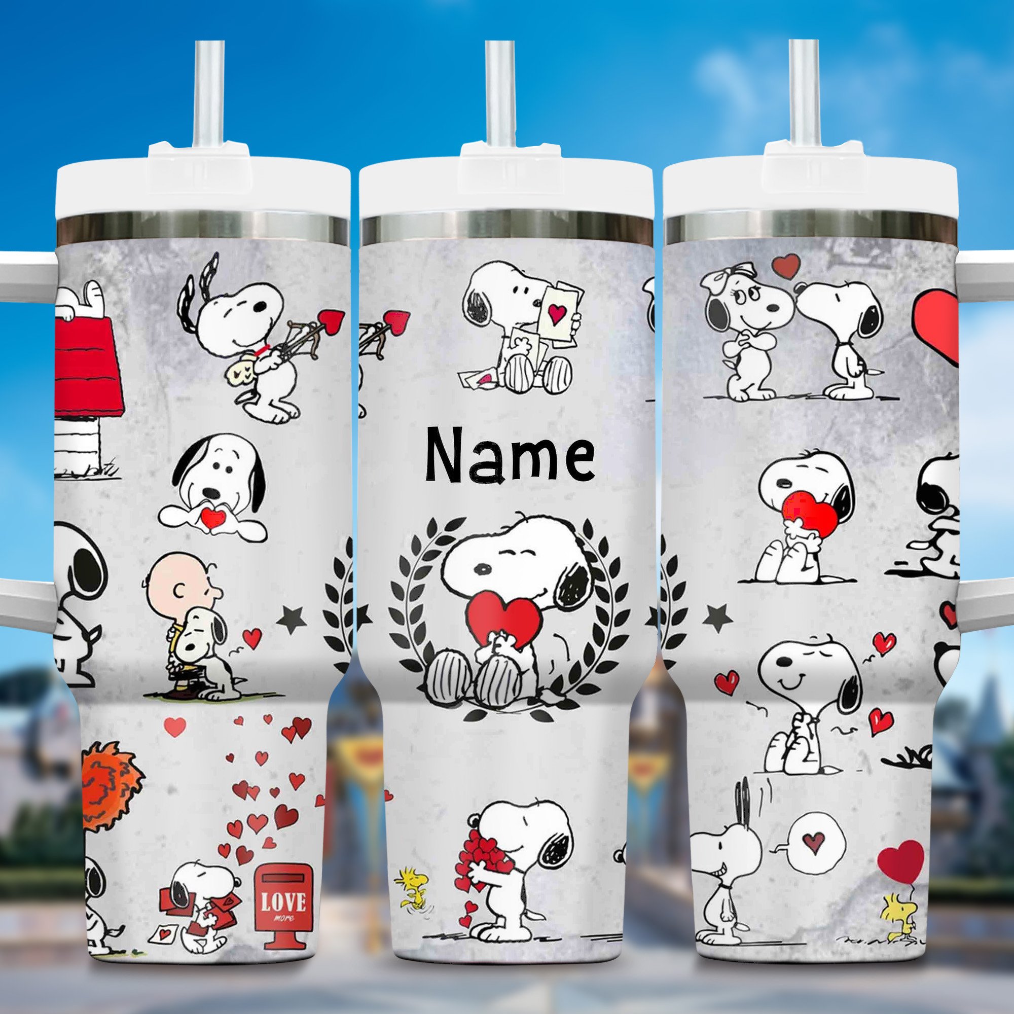 Custom Snoopy Love Tumbler with Straw - Personalized Name Gift