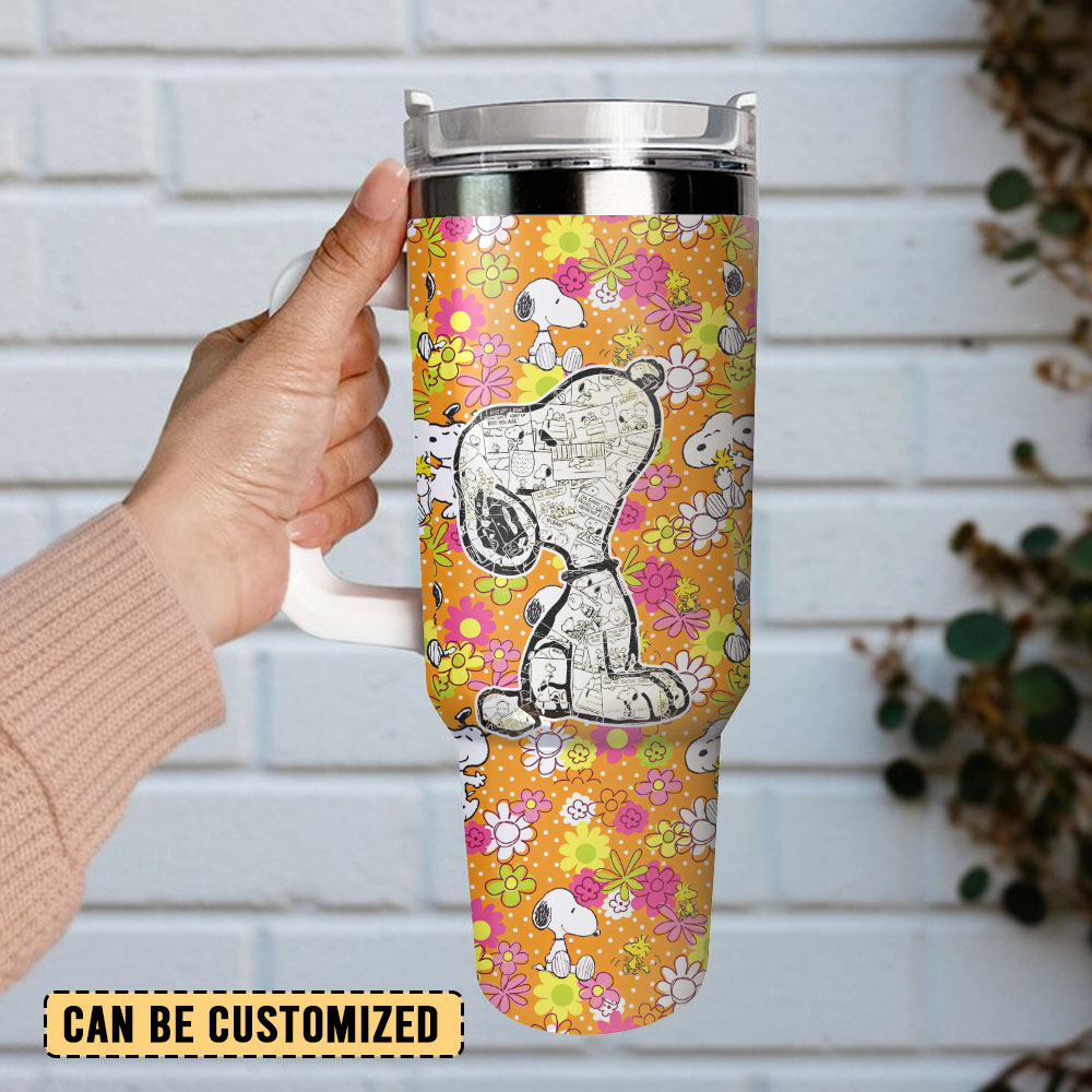 Charming Snoopy Floral Insulated Tumbler with Handle & Straw - 40oz - Image 3