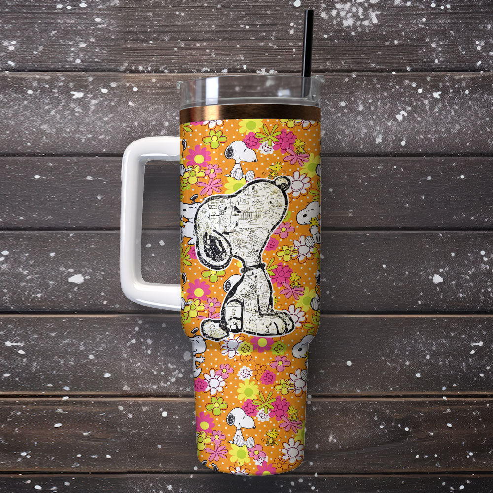 Charming Snoopy Floral Insulated Tumbler with Handle & Straw - 40oz - Image 4