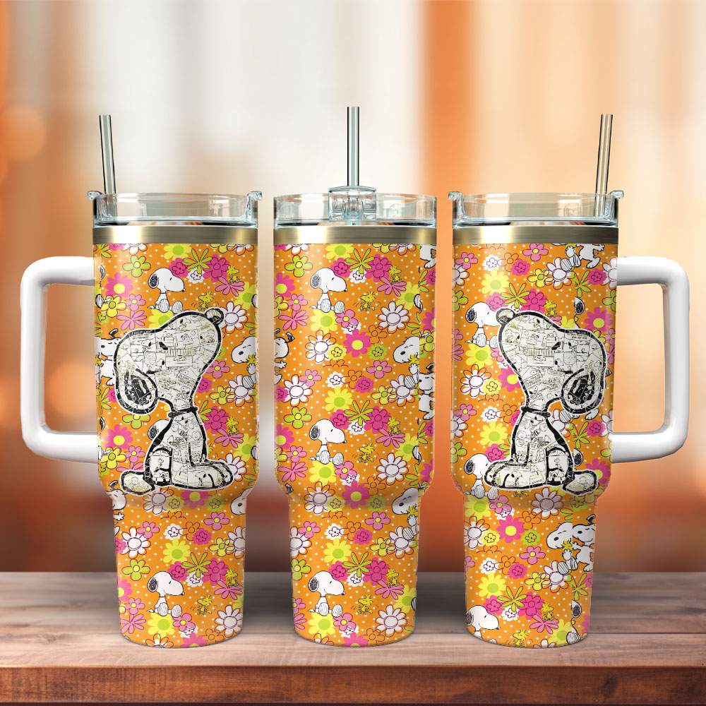 Charming Snoopy Floral Insulated Tumbler with Handle & Straw - 40oz