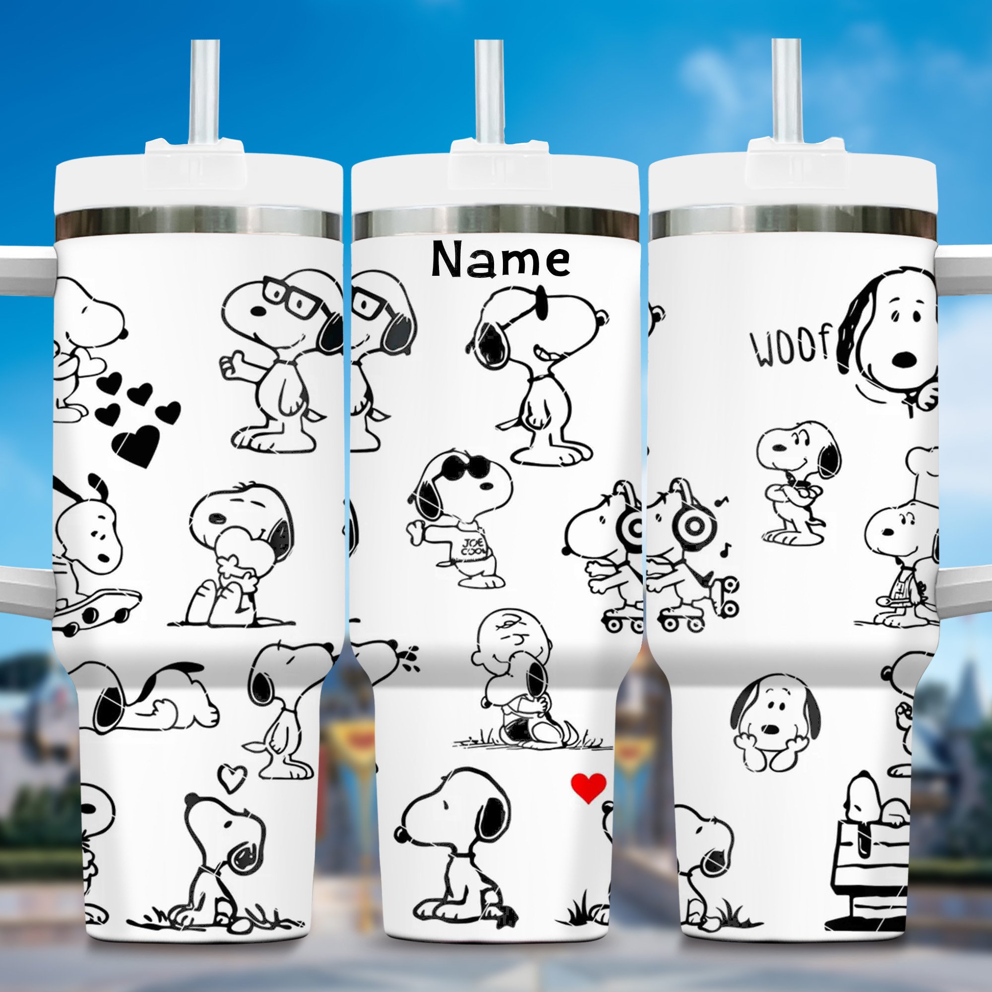 Personalized Snoopy Sketch Tumbler with Straw - Custom Name Gift