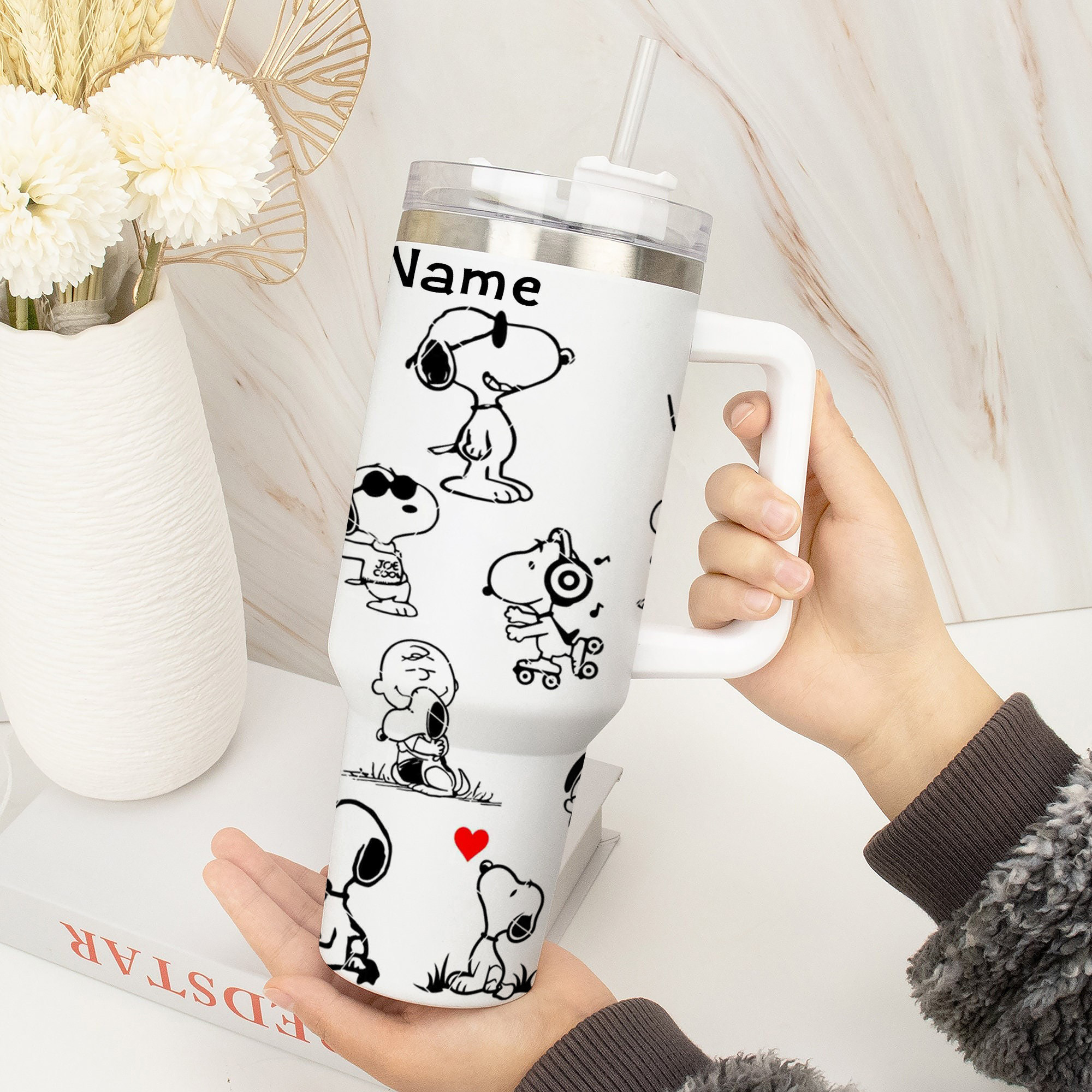 Personalized Snoopy Sketch Tumbler with Straw - Custom Name Gift - Image 3