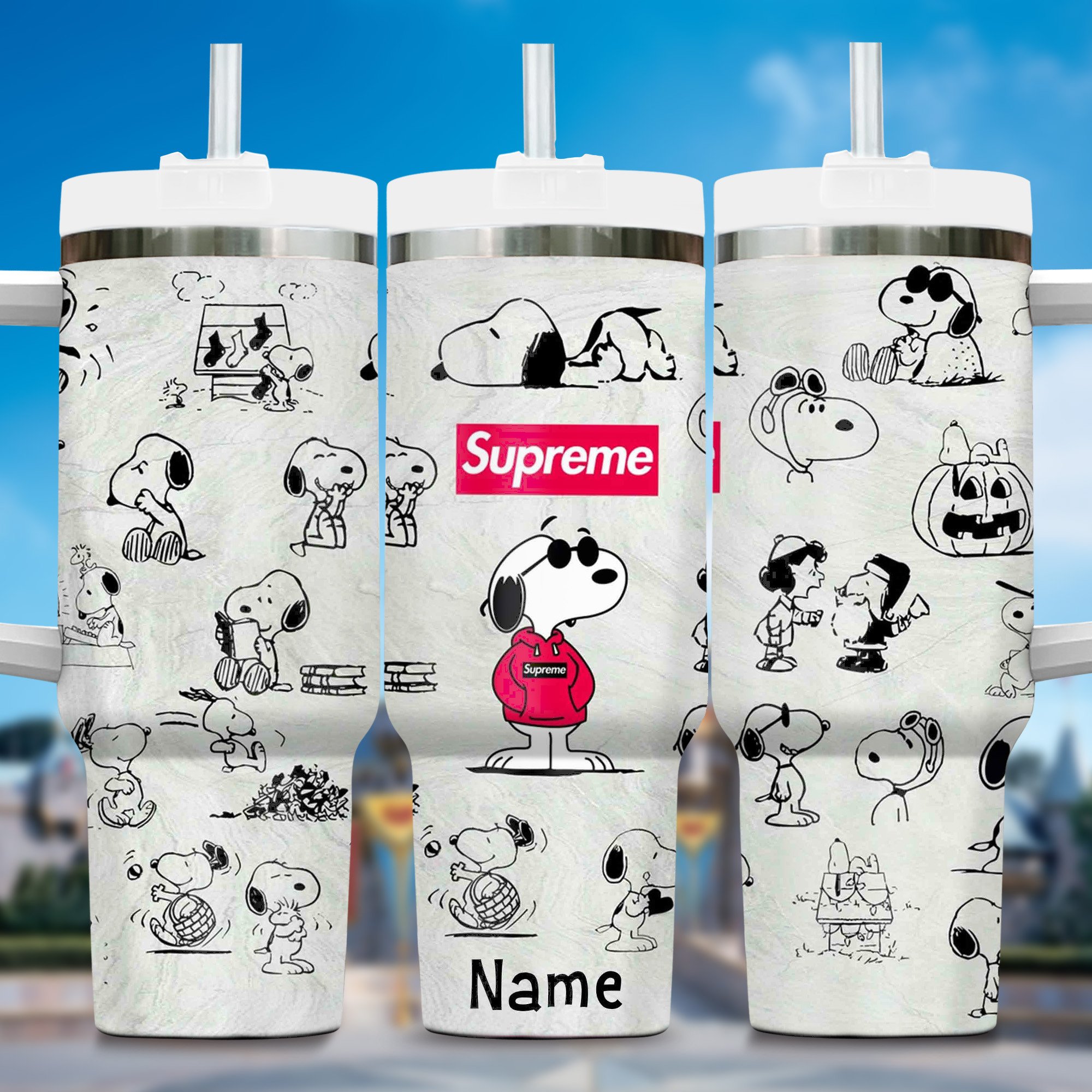 Personalized Snoopy Stainless Steel Tumbler with Straw - Fun Cartoon Design