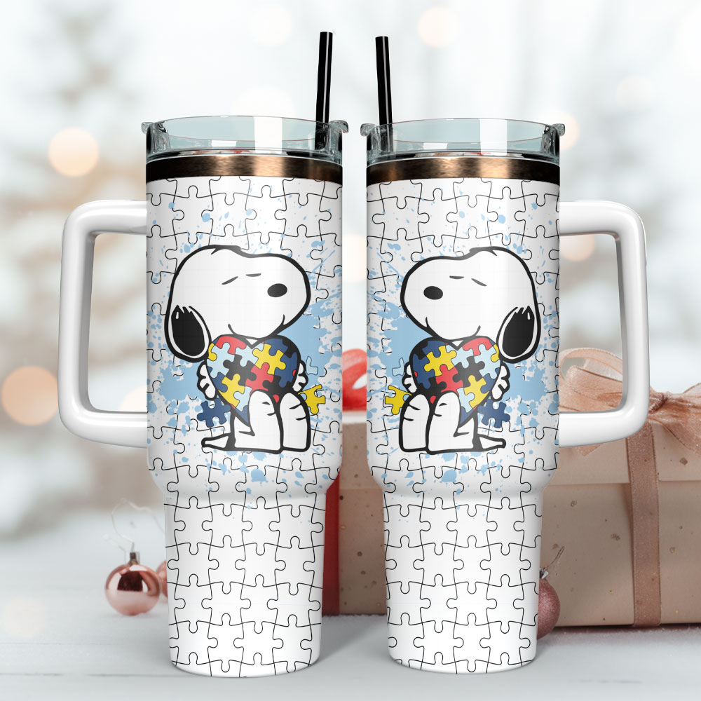 Cute Snoopy Puzzle Design Tumbler with Handle and Straw - Perfect for On-the-Go - Image 3