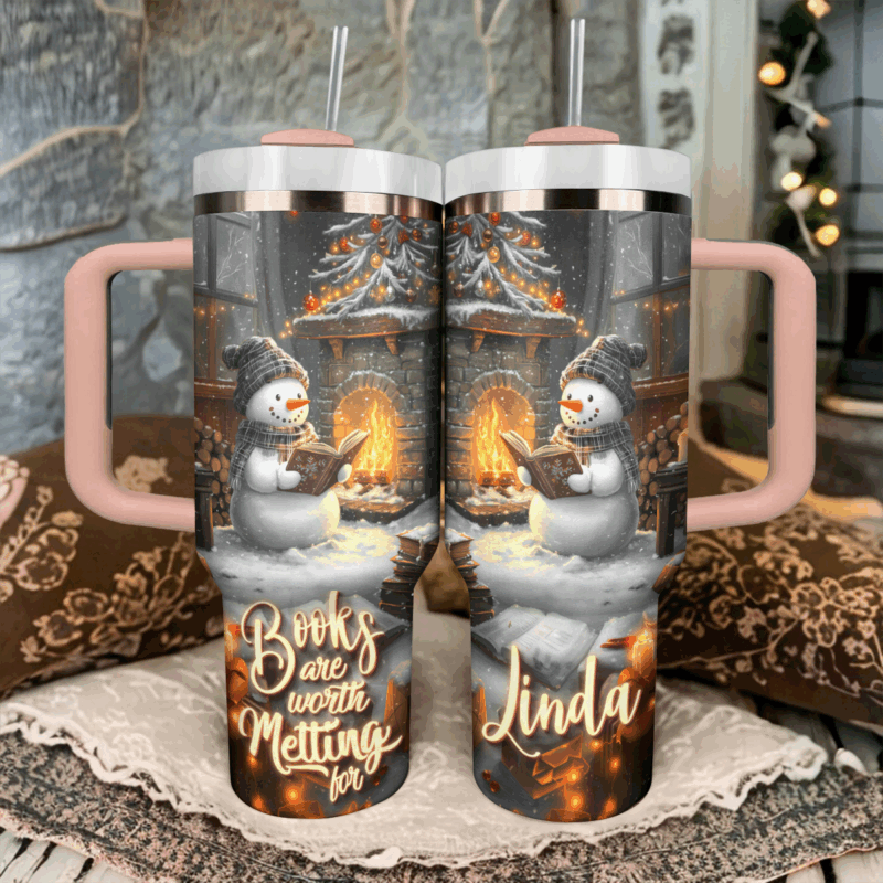 Snowman Books Are Worth Melting For Christmas Custom Stanley Quencher 40oz Stainless Steel Tumbler With Handle - Threewoofs - Image 3
