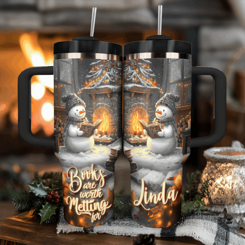 Snowman Books Are Worth Melting For Christmas Custom Stanley Quencher 40oz Stainless Steel Tumbler With Handle - Threewoofs - Image 2