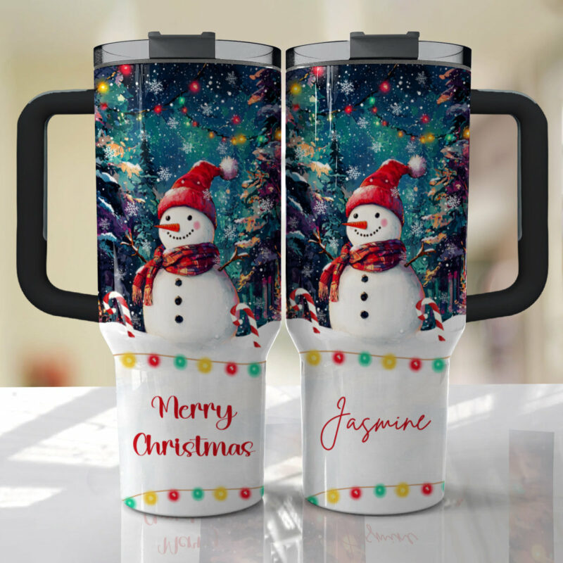 Snowman Under Christmas Light Custom Stanley Quencher 40oz Stainless Steel Tumbler With Handle - Threewoofs - Image 2