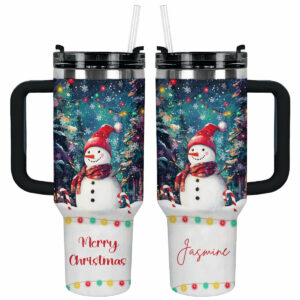Snowman Under Christmas Light Custom Stanley Quencher 40oz Stainless Steel Tumbler With Handle - Threewoofs
