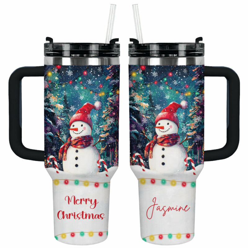 Snowman Under Christmas Light Custom Stanley Quencher 40oz Stainless Steel Tumbler With Handle - Threewoofs
