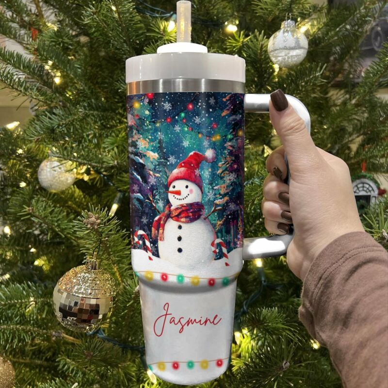 Snowman Under Christmas Light Custom Stanley Quencher 40oz Stainless Steel Tumbler With Handle - Threewoofs - Image 3
