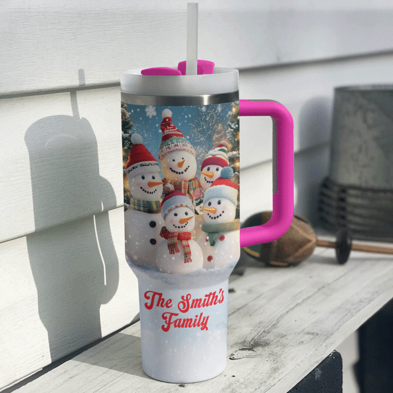 Snowmen Family Christmas Custom Stanley Quencher 40oz Stainless Steel Tumbler With Handle - Threewoofs - Image 3