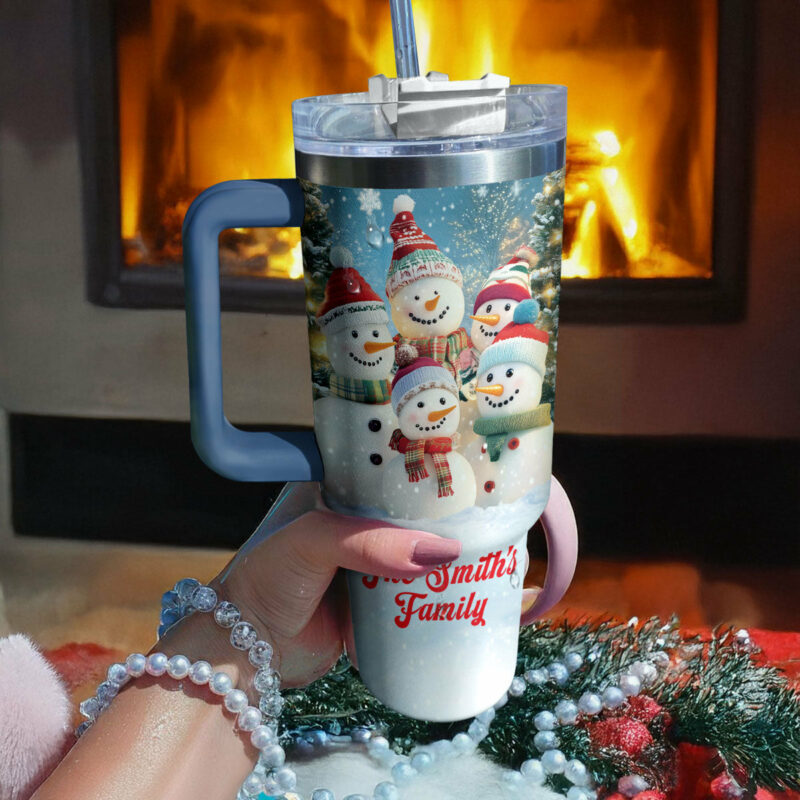 Snowmen Family Christmas Custom Stanley Quencher 40oz Stainless Steel Tumbler With Handle - Threewoofs - Image 2
