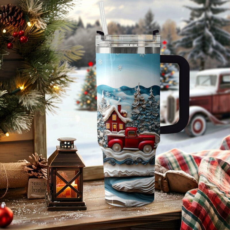 Snowy Cabin Christmas Custom Stanley Quencher 40oz Stainless Steel Tumbler With Handle - Threewoofs - Image 2