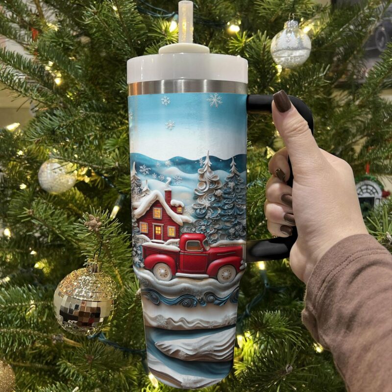 Snowy Cabin Christmas Custom Stanley Quencher 40oz Stainless Steel Tumbler With Handle - Threewoofs - Image 3