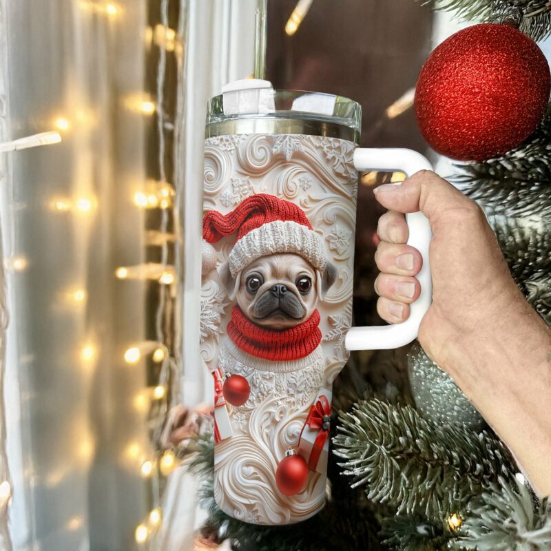 Snowy Christmas Pug Custom Stanley Quencher 40oz Stainless Steel Tumbler With Handle - Threewoofs - Image 3