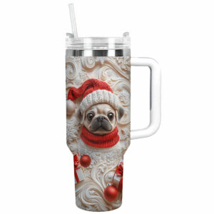 Snowy Christmas Pug Custom Stanley Quencher 40oz Stainless Steel Tumbler With Handle - Threewoofs