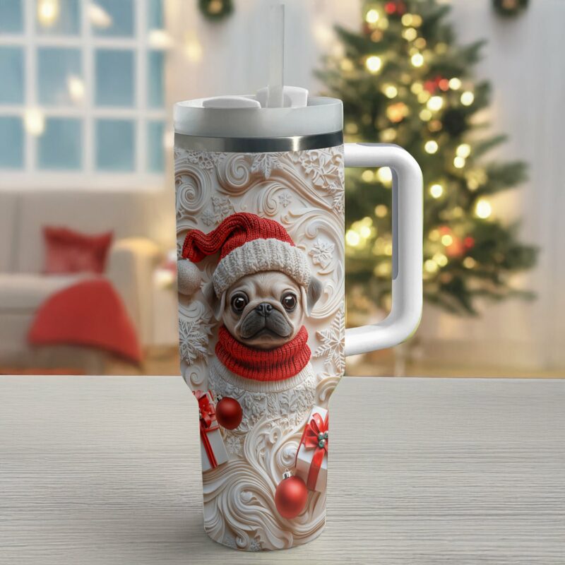 Snowy Christmas Pug Custom Stanley Quencher 40oz Stainless Steel Tumbler With Handle - Threewoofs - Image 2