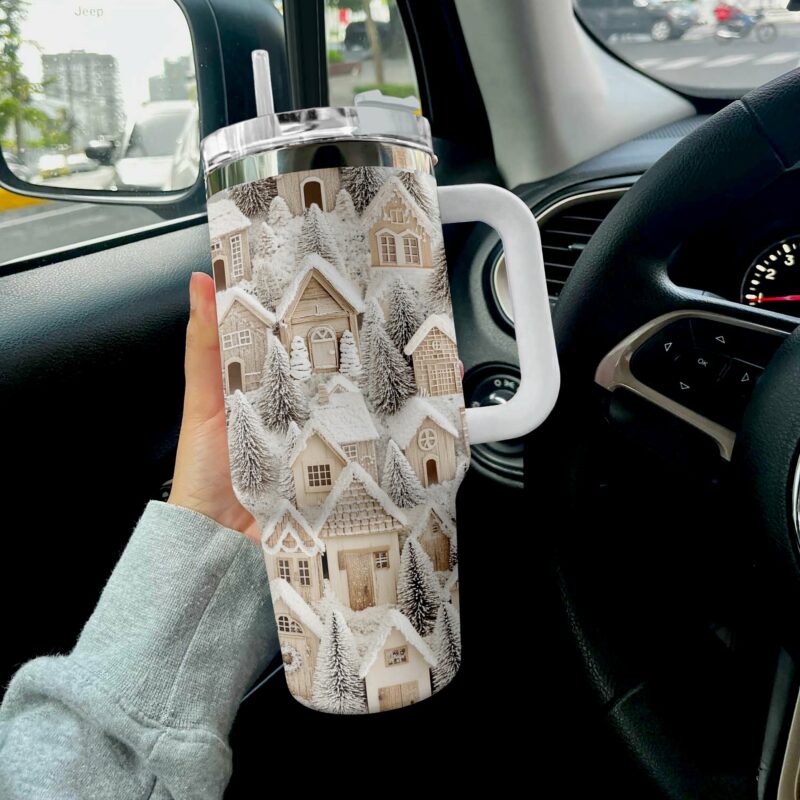 Snowy Cottage Dreams Christmas Custom Stanley Quencher 40oz Stainless Steel Tumbler With Handle - Threewoofs - Image 3