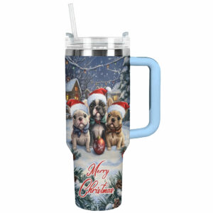 Snowy Frenchie Bulldog Squad Christmas Custom Stanley Quencher 40oz Stainless Steel Tumbler With Handle - Threewoofs