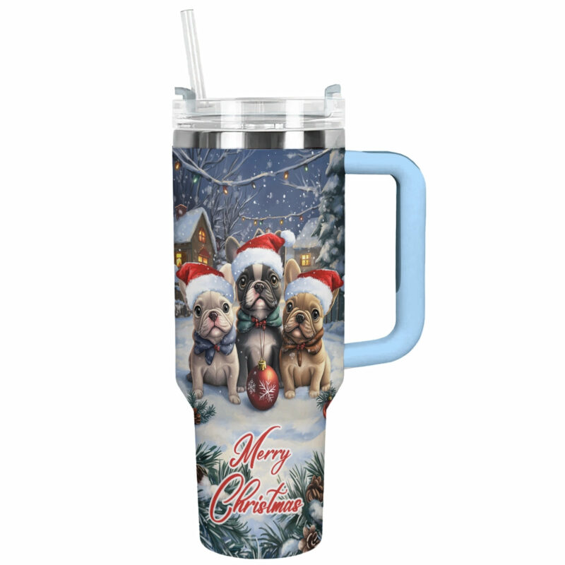 Snowy Frenchie Bulldog Squad Christmas Custom Stanley Quencher 40oz Stainless Steel Tumbler With Handle - Threewoofs