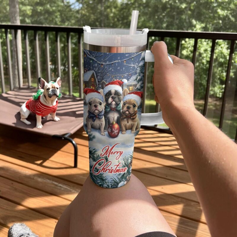 Snowy Frenchie Bulldog Squad Christmas Custom Stanley Quencher 40oz Stainless Steel Tumbler With Handle - Threewoofs - Image 3