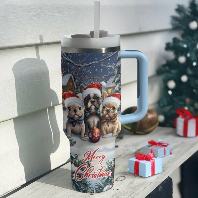 Snowy Frenchie Bulldog Squad Christmas Custom Stanley Quencher 40oz Stainless Steel Tumbler With Handle - Threewoofs - Image 2
