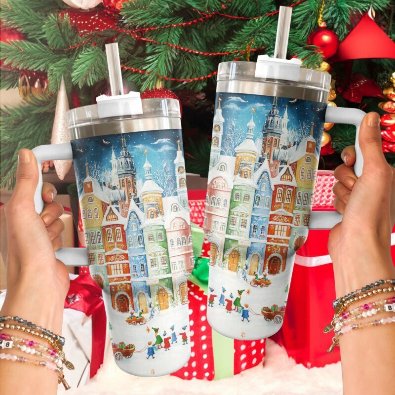 Snowy Town Christmas Custom Stanley Quencher 40oz Stainless Steel Tumbler With Handle - Threewoofs - Image 2
