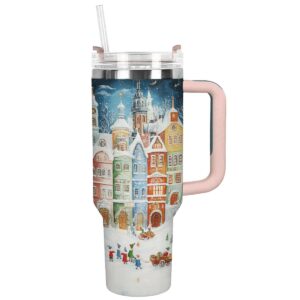 Snowy Town Christmas Custom Stanley Quencher 40oz Stainless Steel Tumbler With Handle - Threewoofs