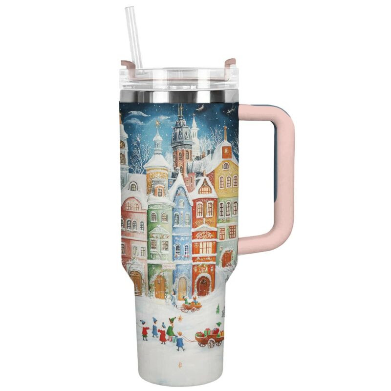 Snowy Town Christmas Custom Stanley Quencher 40oz Stainless Steel Tumbler With Handle - Threewoofs
