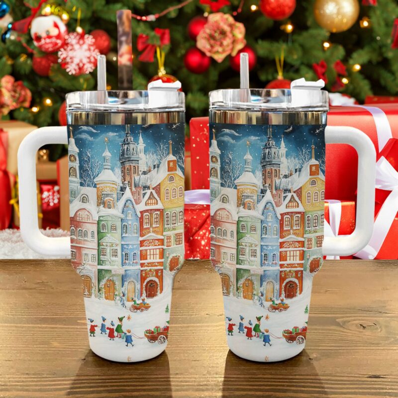 Snowy Town Christmas Custom Stanley Quencher 40oz Stainless Steel Tumbler With Handle - Threewoofs - Image 3