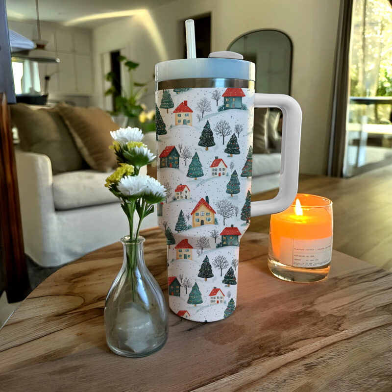 Snowy Village Christmas Custom Stanley Quencher 40oz Stainless Steel Tumbler With Handle - Threewoofs - Image 3