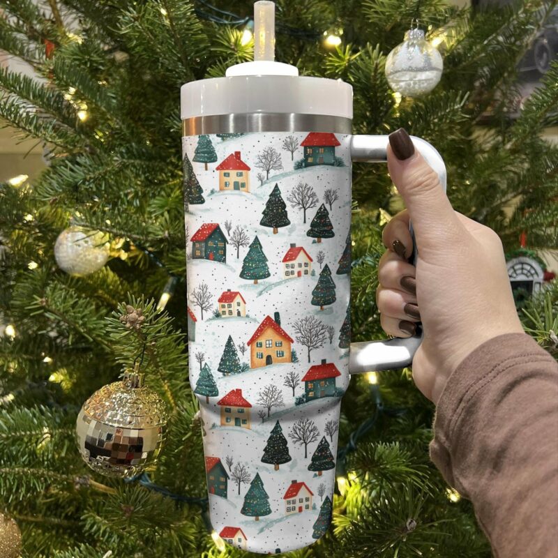 Snowy Village Christmas Custom Stanley Quencher 40oz Stainless Steel Tumbler With Handle - Threewoofs - Image 2