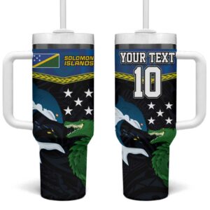 Solomon Islands Rugby Arty Shark and Crocodile Custom Stanley Quencher 40oz Stainless Steel Tumbler With Handle - Threewoofs