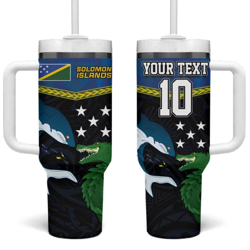 Solomon Islands Rugby Arty Shark and Crocodile Custom Stanley Quencher 40oz Stainless Steel Tumbler With Handle - Threewoofs