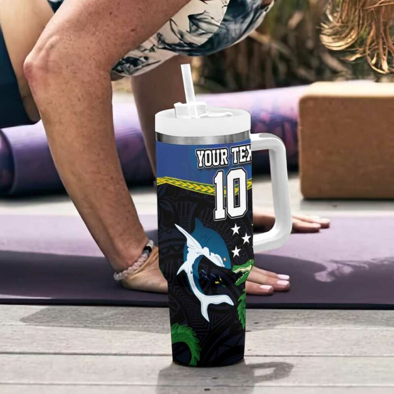 Solomon Islands Rugby Arty Shark and Crocodile Custom Stanley Quencher 40oz Stainless Steel Tumbler With Handle - Threewoofs - Image 6
