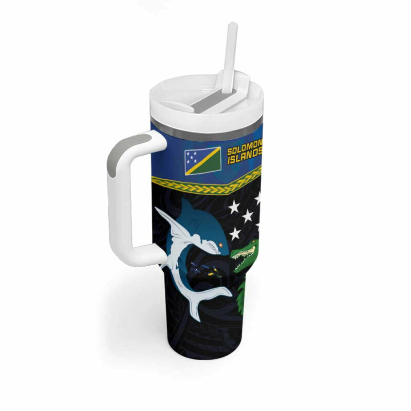 Solomon Islands Rugby Arty Shark and Crocodile Custom Stanley Quencher 40oz Stainless Steel Tumbler With Handle - Threewoofs - Image 2