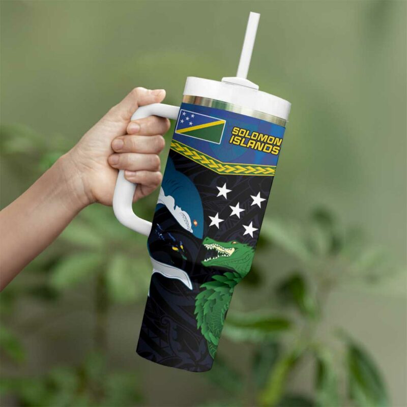 Solomon Islands Rugby Arty Shark and Crocodile Custom Stanley Quencher 40oz Stainless Steel Tumbler With Handle - Threewoofs - Image 3