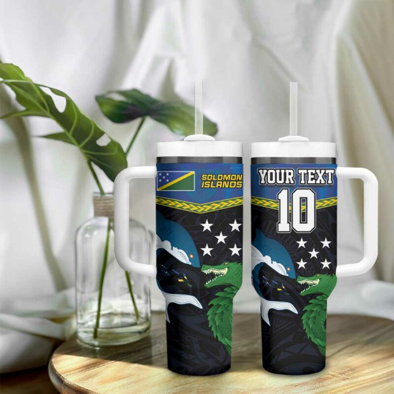 Solomon Islands Rugby Arty Shark and Crocodile Custom Stanley Quencher 40oz Stainless Steel Tumbler With Handle - Threewoofs - Image 9
