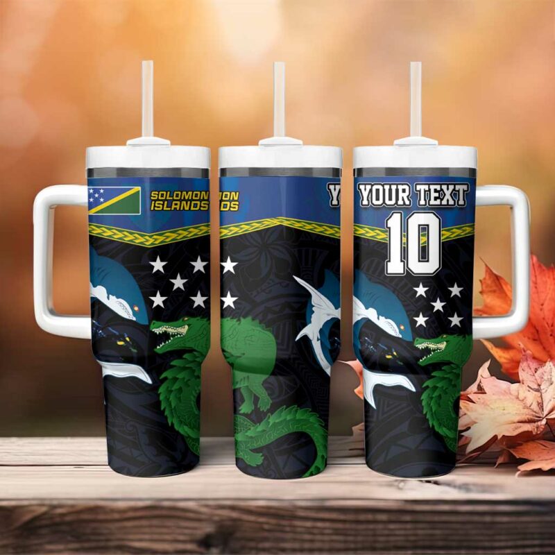 Solomon Islands Rugby Arty Shark and Crocodile Custom Stanley Quencher 40oz Stainless Steel Tumbler With Handle - Threewoofs - Image 4