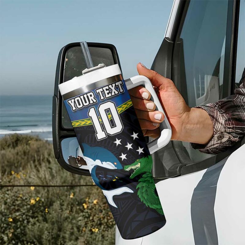 Solomon Islands Rugby Arty Shark and Crocodile Custom Stanley Quencher 40oz Stainless Steel Tumbler With Handle - Threewoofs - Image 7