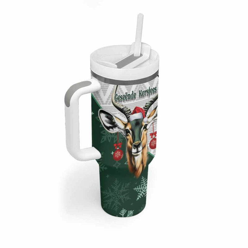 South Africa Springboks Christmas Bokke Santa ‚Äì Geseende Kersfees Custom Stanley Quencher 40oz Stainless Steel Tumbler With Handle - Threewoofs - Image 3