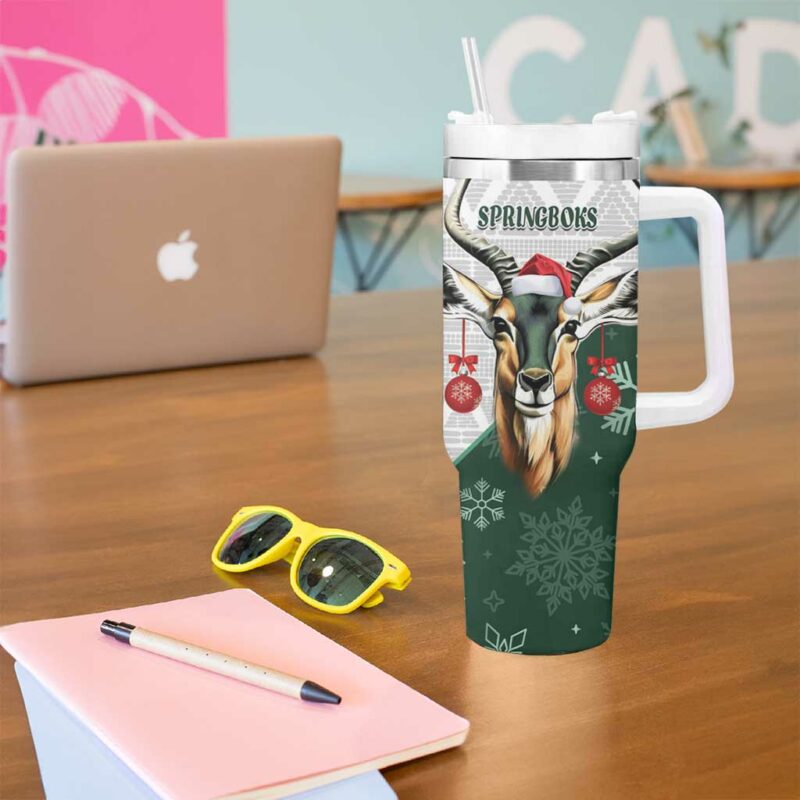 South Africa Springboks Christmas Bokke Santa ‚Äì Geseende Kersfees Custom Stanley Quencher 40oz Stainless Steel Tumbler With Handle - Threewoofs - Image 5