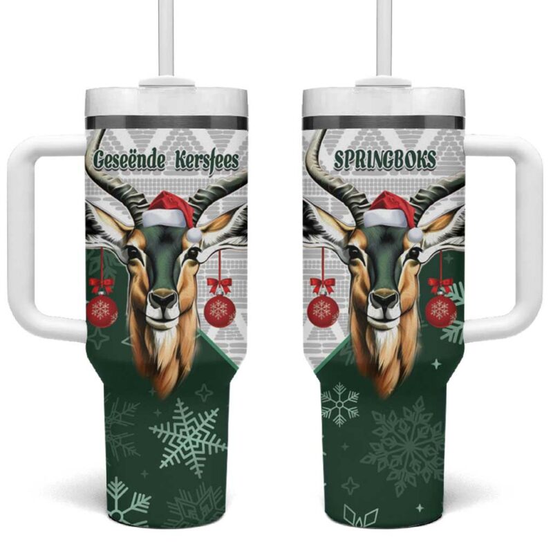 South Africa Springboks Christmas Bokke Santa ‚Äì Geseende Kersfees Custom Stanley Quencher 40oz Stainless Steel Tumbler With Handle - Threewoofs - Image 2