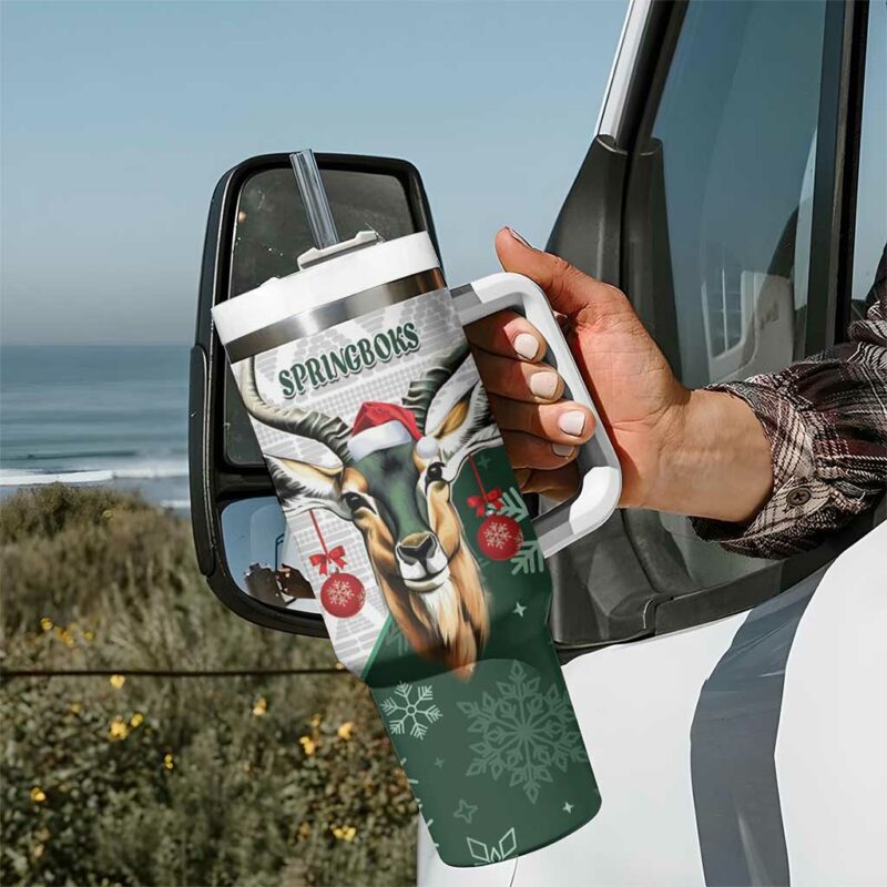 South Africa Springboks Christmas Bokke Santa ‚Äì Geseende Kersfees Custom Stanley Quencher 40oz Stainless Steel Tumbler With Handle - Threewoofs - Image 7