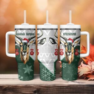 South Africa Springboks Christmas Bokke Santa ‚Äì Geseende Kersfees Custom Stanley Quencher 40oz Stainless Steel Tumbler With Handle - Threewoofs