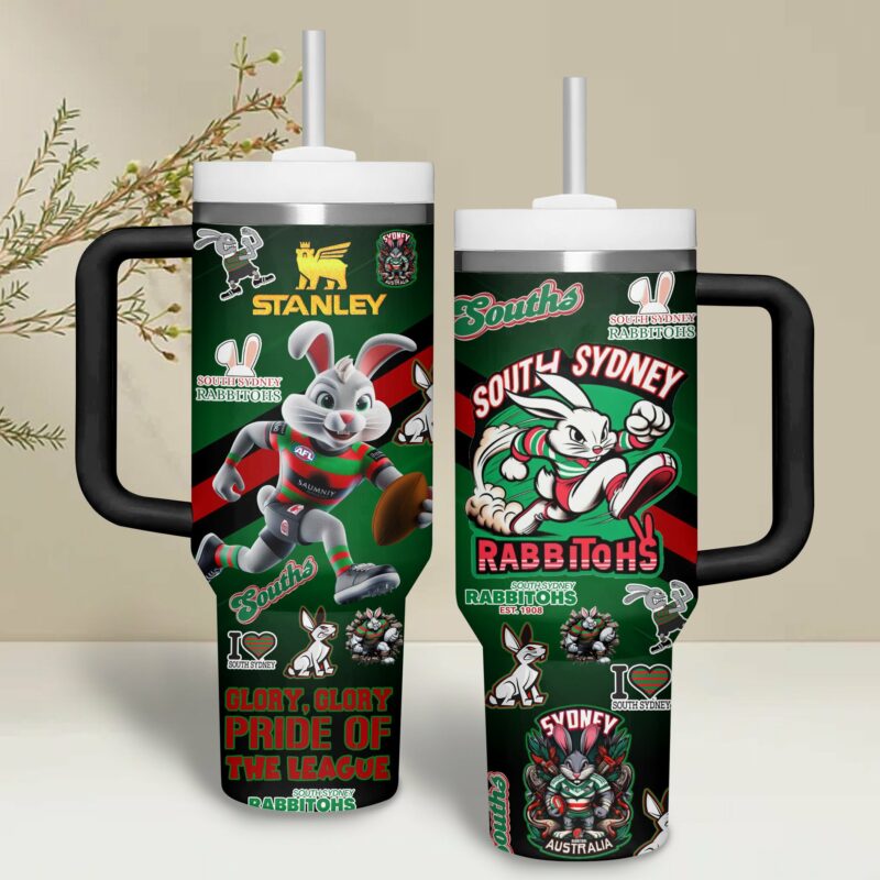 South Sydney Rabbitohs NRL Custom Stanley Quencher 40oz Stainless Steel Tumbler With Handle - Threewoofs - Image 3