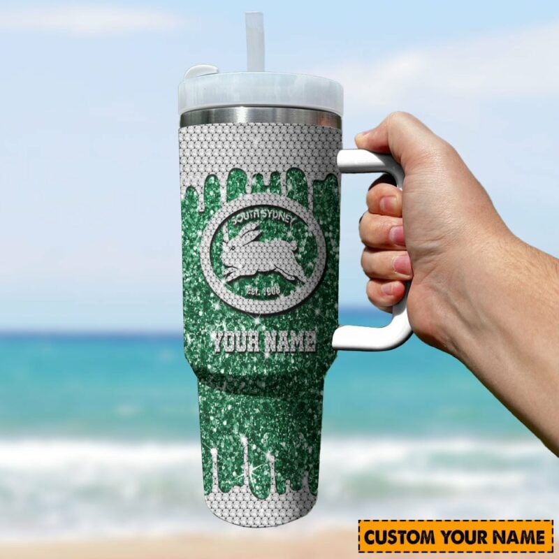 South Sydney Rabbitohs NRL Sports Glitter Custom Stanley Quencher 40oz Stainless Steel Tumbler With Handle - Threewoofs - Image 3