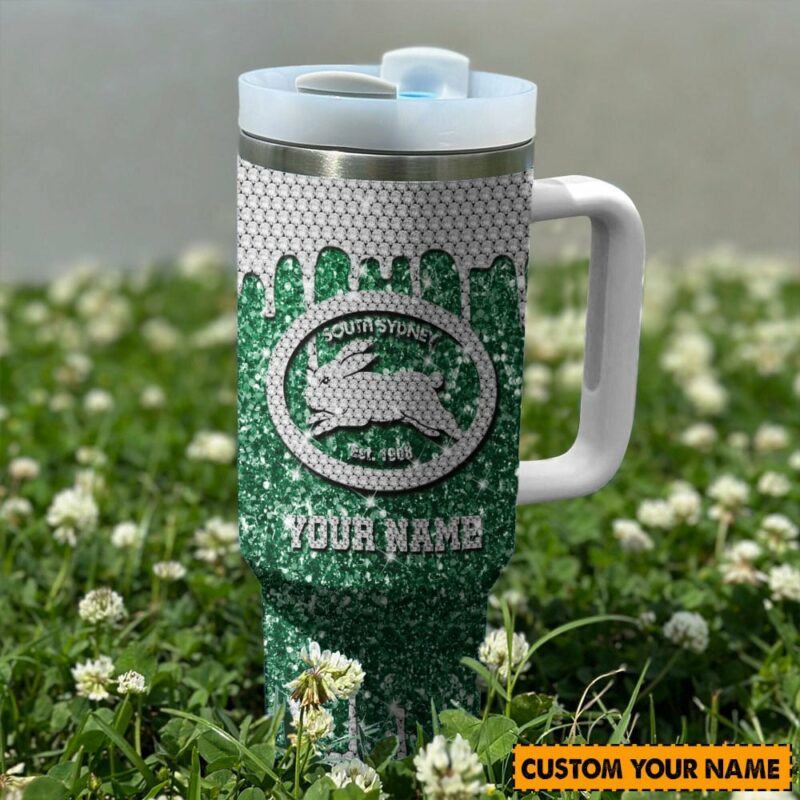 South Sydney Rabbitohs NRL Sports Glitter Custom Stanley Quencher 40oz Stainless Steel Tumbler With Handle - Threewoofs - Image 2